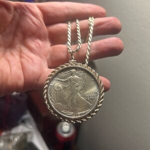 Silver Coin Pendant Necklace with Twisted Chain .999 silver walking liberty.